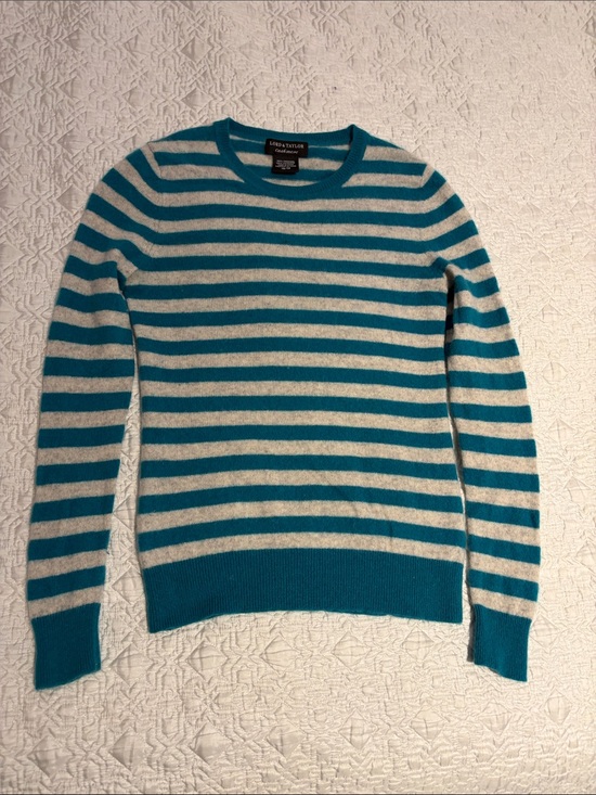 Lord & Taylor Sweaters - Lord & Taylor Teal and Grey Cashmere Striped Crewneck Sweater